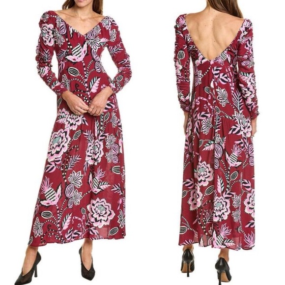 FARM RIO Burgundy Pineapple Inspiration Floral Print V Neck Open Back Maxi Dress - Picture 1 of 11